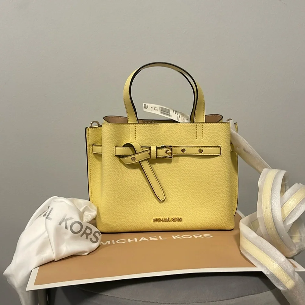 Michael Kors Emilia small satchel cross body buttercup yellow pebbles leather